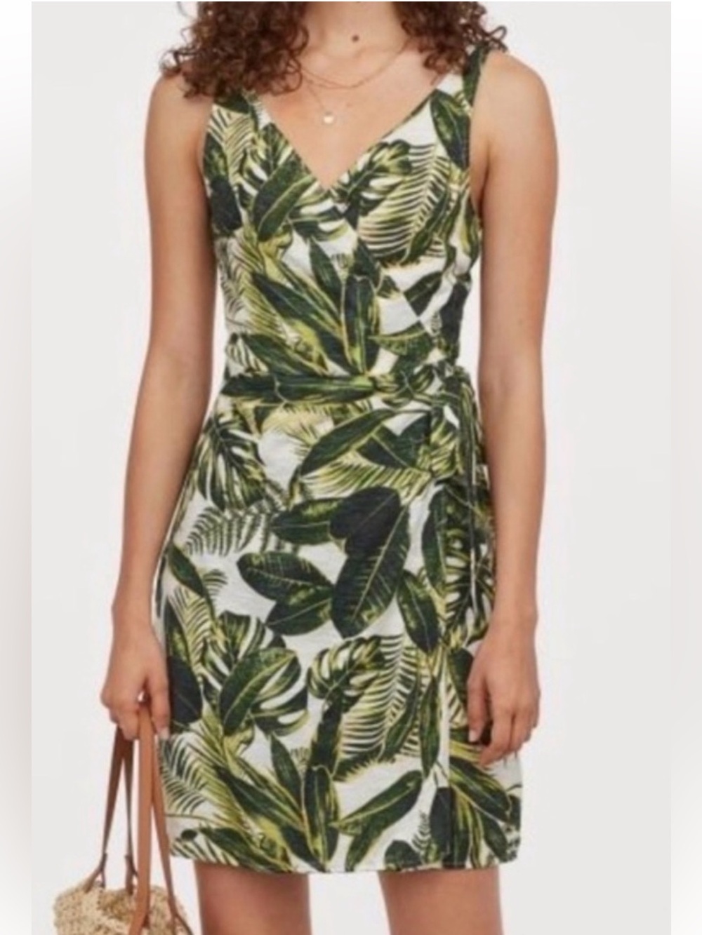 H&M Women’s Tropical Print Faux Wrap-Style Mini Dress Green White Leaves Size L